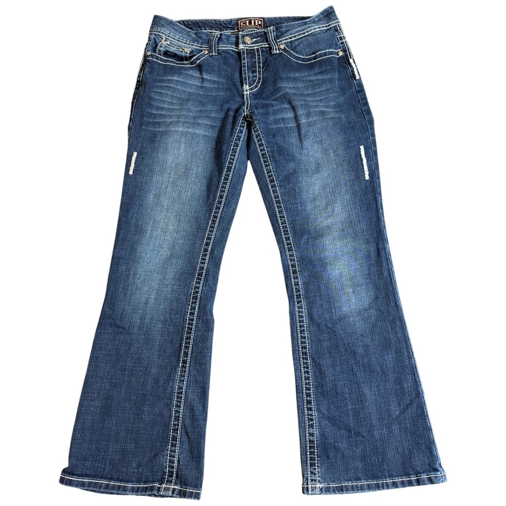 CG Up Cowgirl Up Blue Denim Bootcut Top Stitch Western Jeans Women's 32x29 Metal